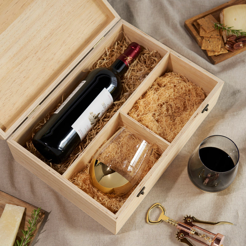 Wood Wine Gift Box w/ 2 Gold-Dipped Stemless Glasses