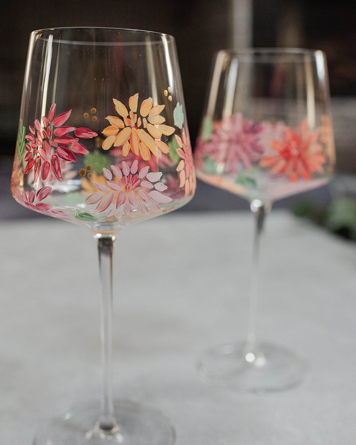Dahlia Wine Glass Set, Set of 2, Hand-painted