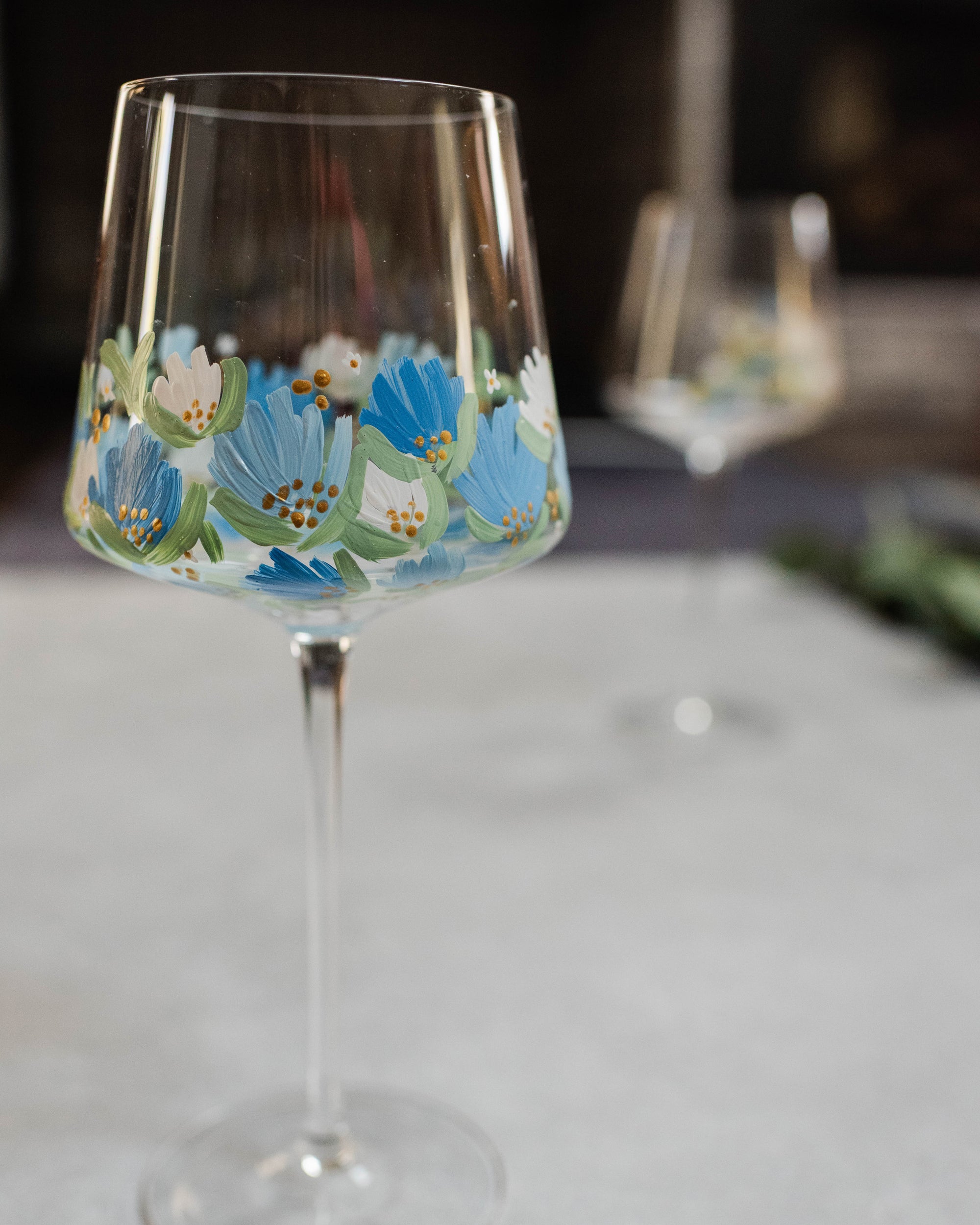 Blue Floral Wine Glass Set, Set of 2, Hand-painted