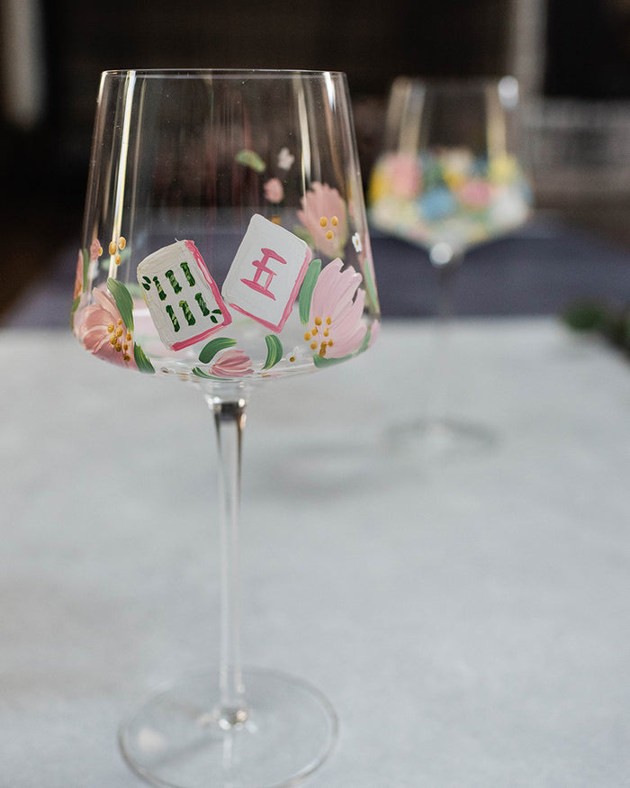 Mahjong Wine Glass Set, Set of 2, Hand-painted