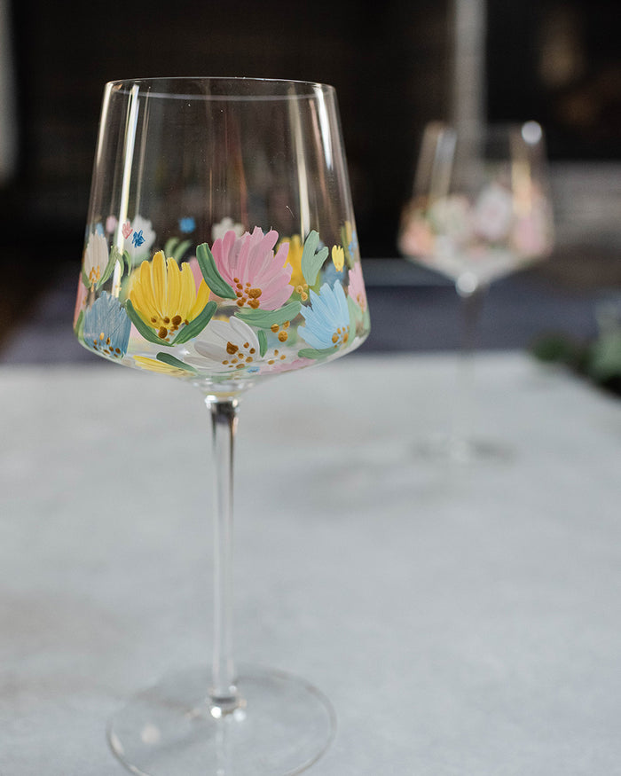 Garden Floral Wine Glass Set, Set of 2, Hand-painted
