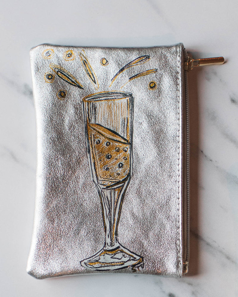 Champagne Celebration Leather Zipper Pouch