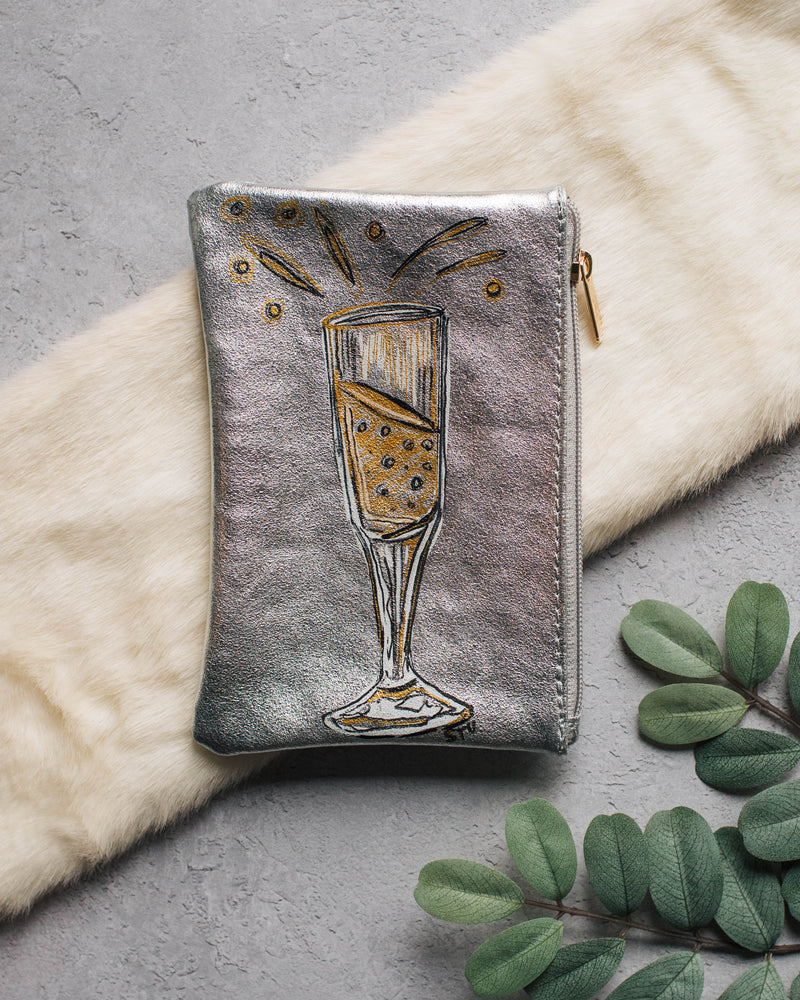 Champagne Celebration Leather Zipper Pouch