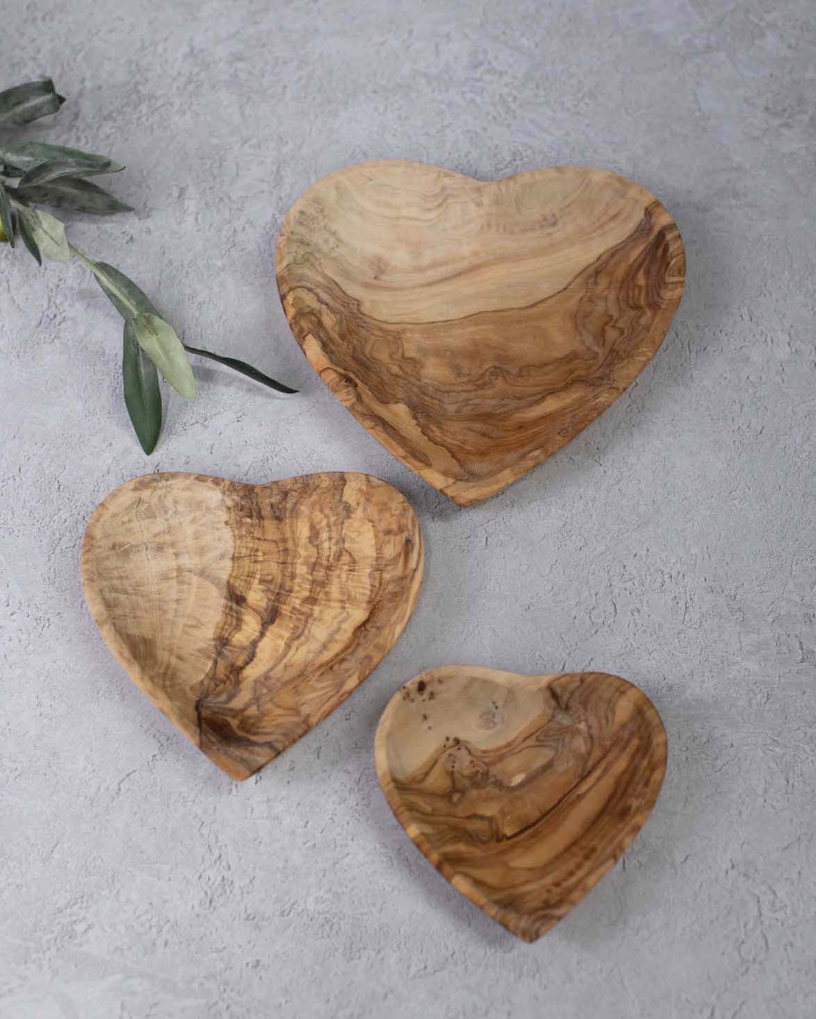 Handcrafted Heart-Shaped Olive Wood Bowls, Set of 3