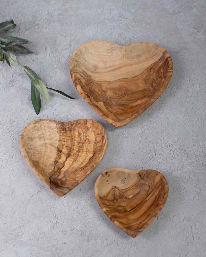 Handcrafted Heart-Shaped Olive Wood Bowls, Set of 3