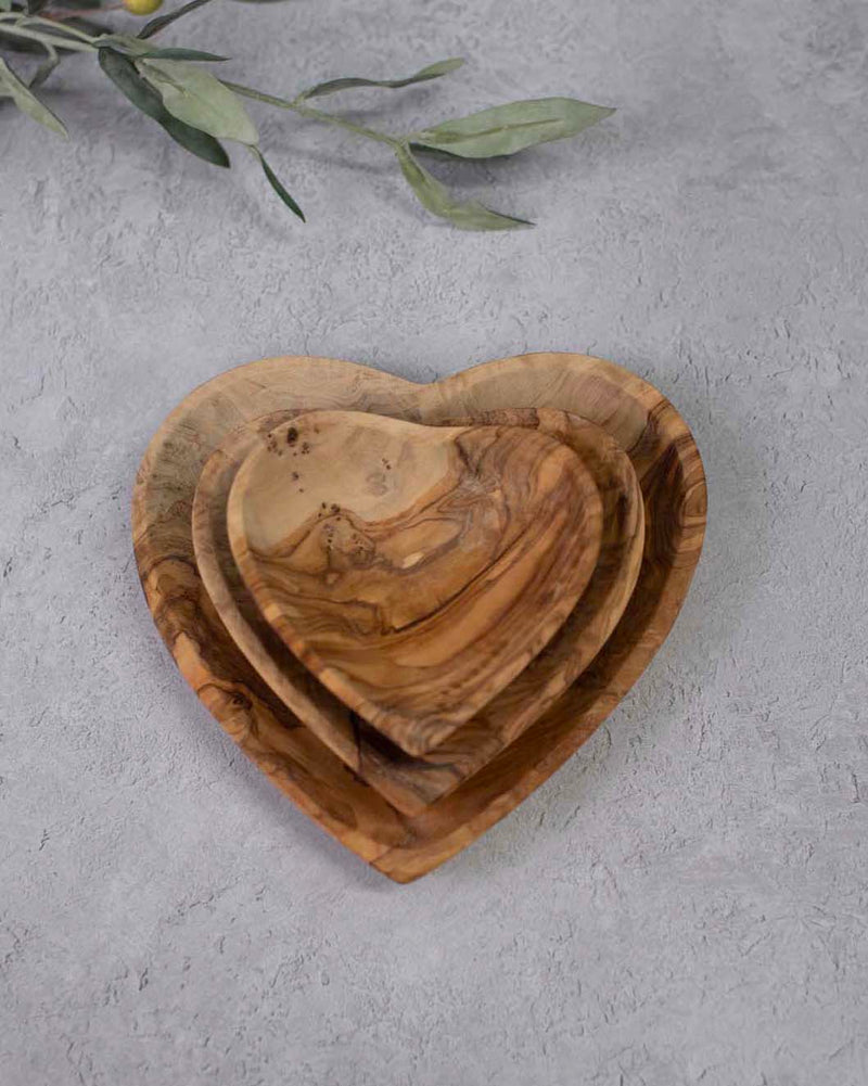 Handcrafted Heart-Shaped Olive Wood Bowls, Set of 3
