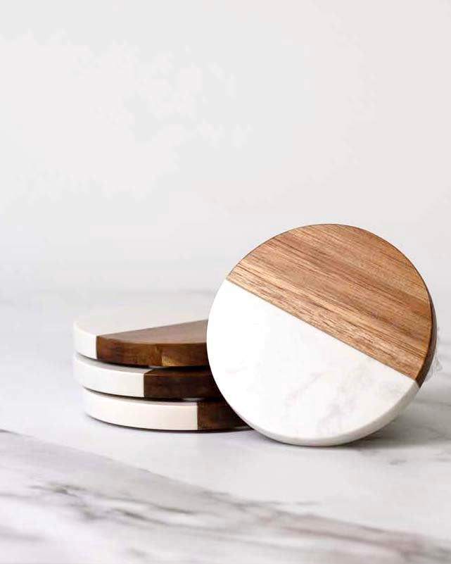 Round Marble & Acacia Coasters, Set of 4