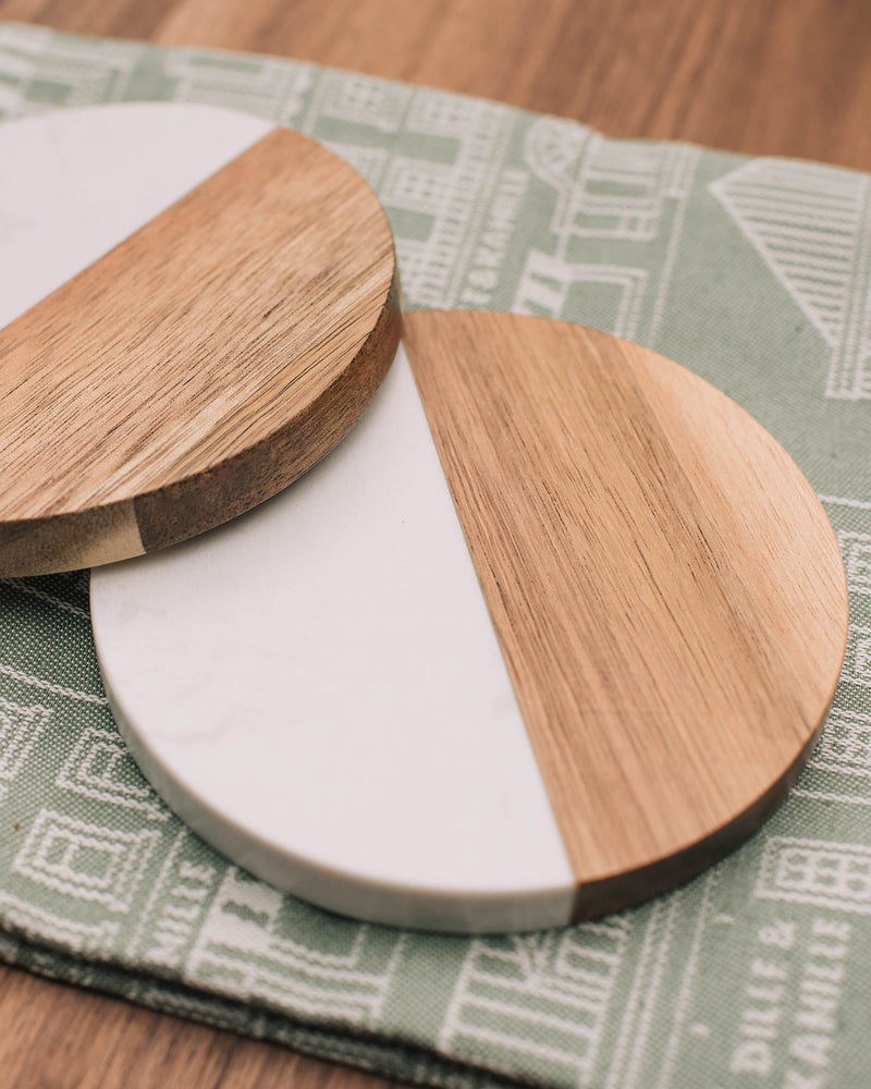 Round Marble & Acacia Coasters, Set of 4