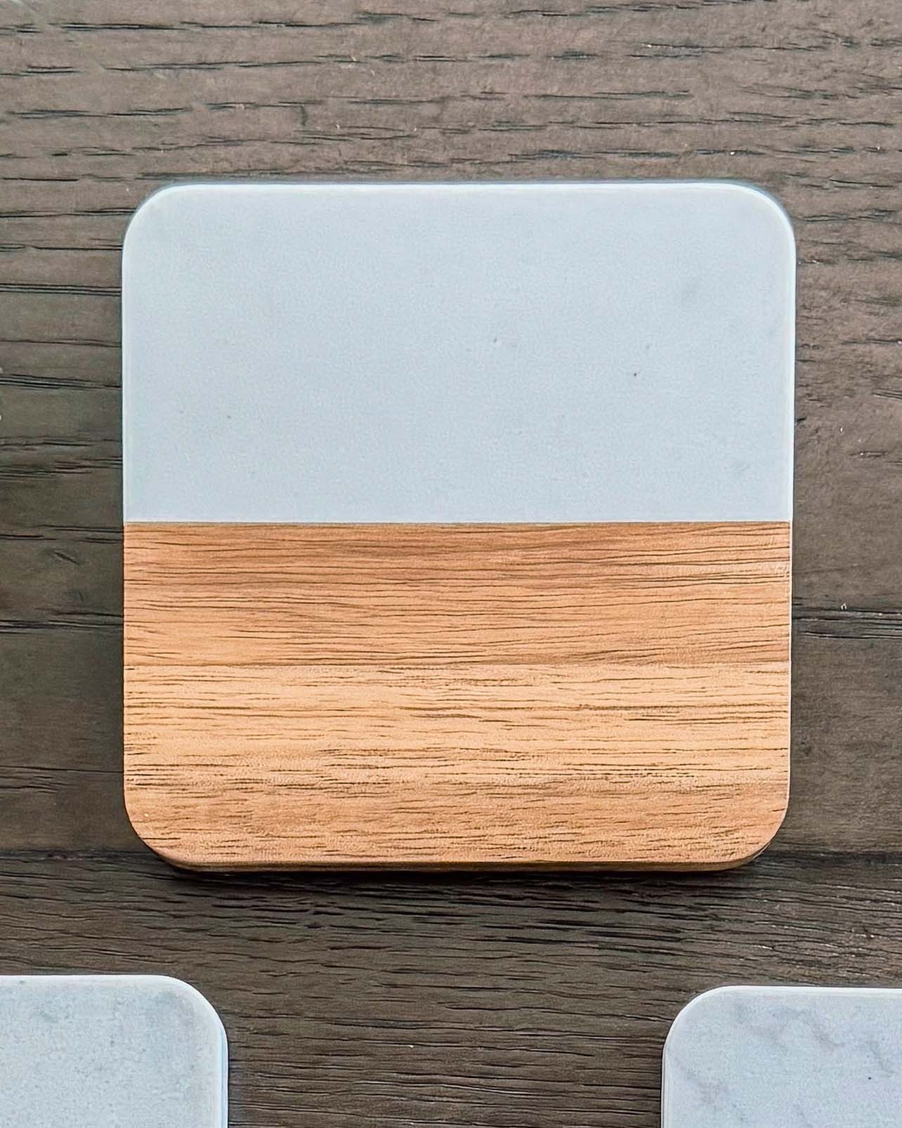 Square Marble & Acacia Coasters, Set of 4