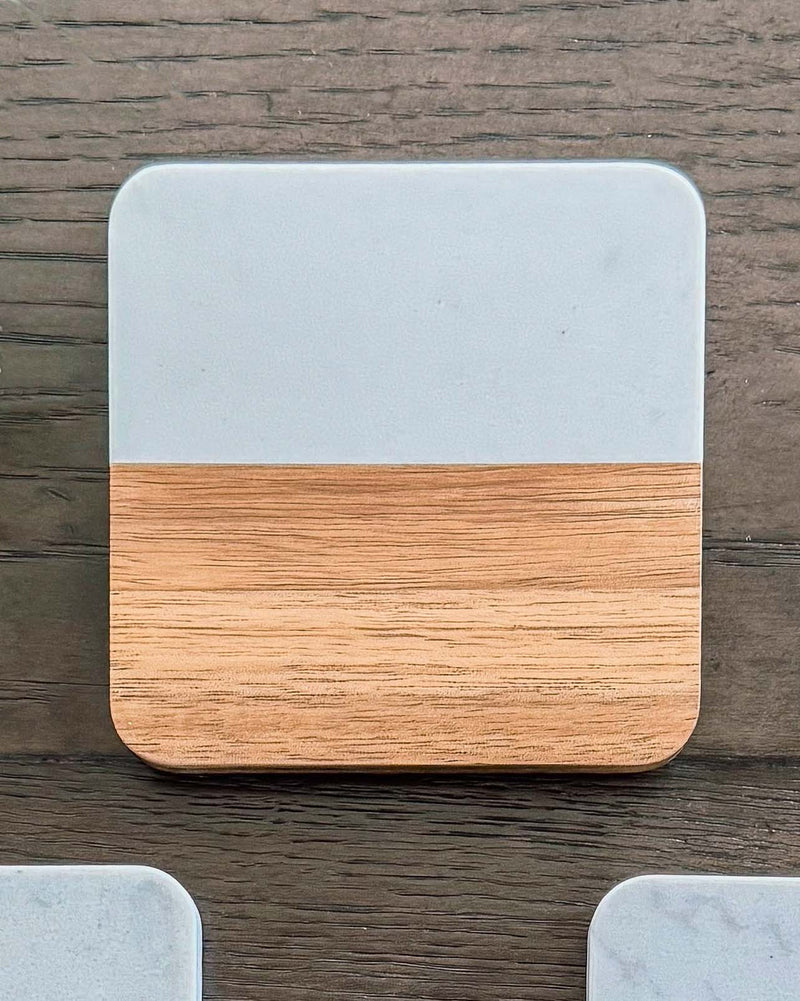 Square Marble & Acacia Coasters, Set of 4