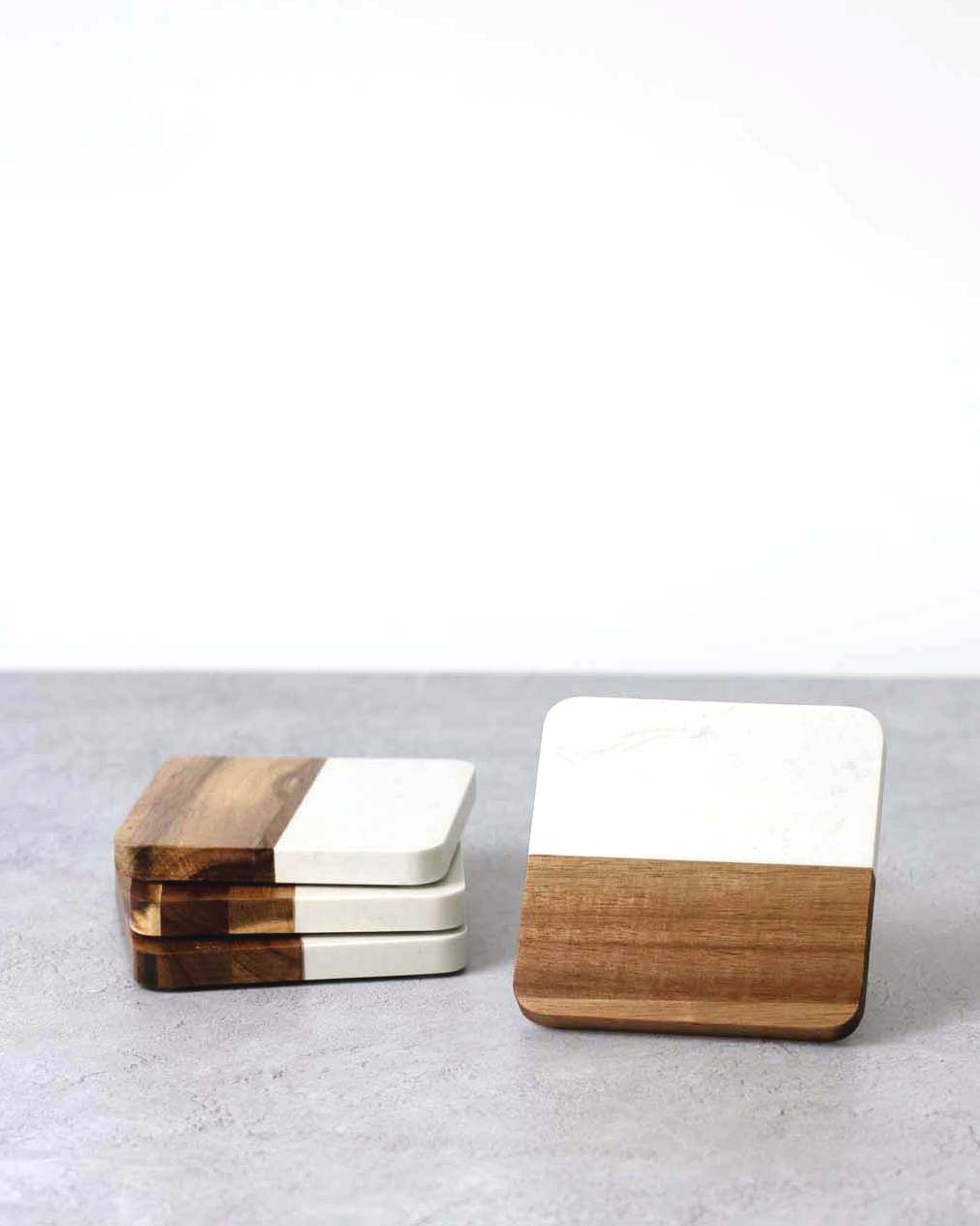 Square Marble & Acacia Coasters, Set of 4