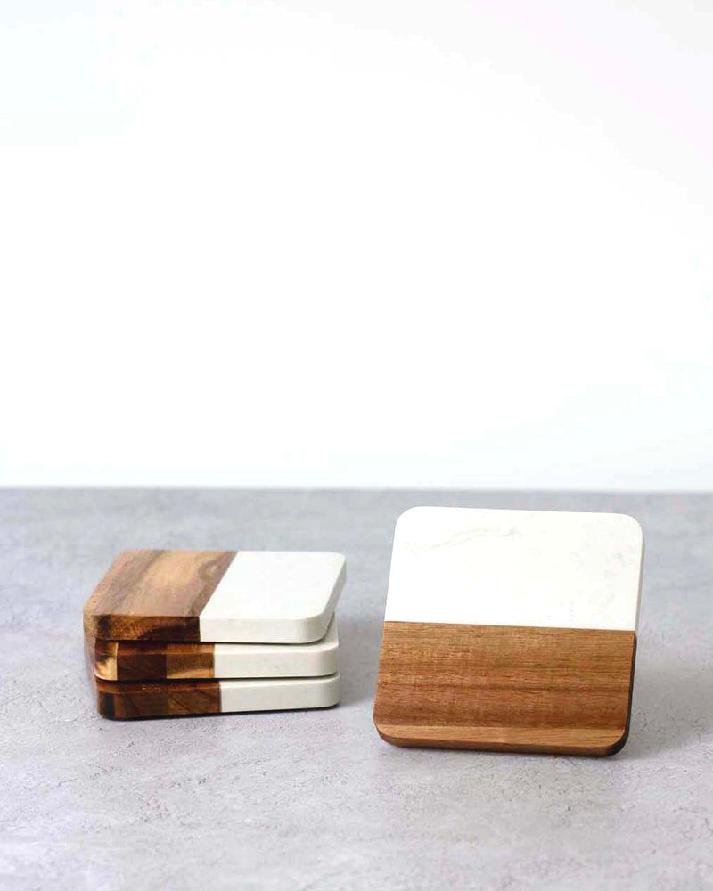Square Marble & Acacia Coasters, Set of 4